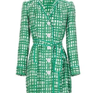 CAbi Green and White Grid Long Sleeve Dress